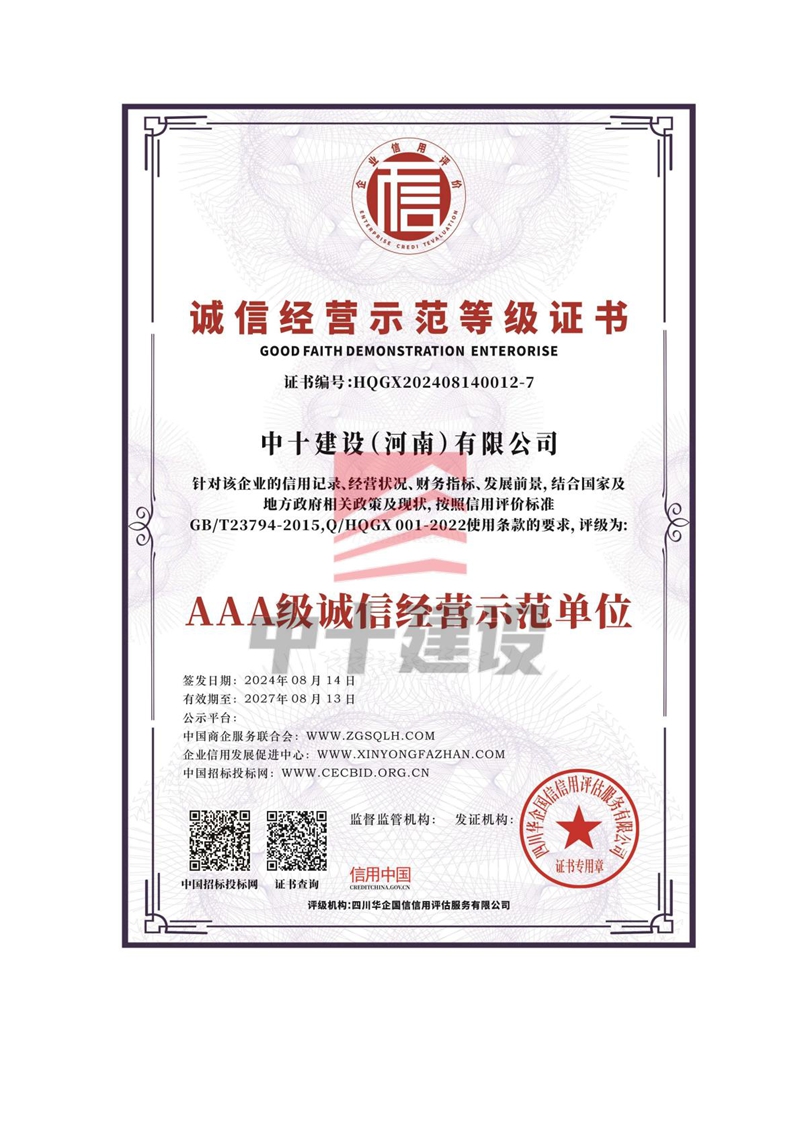 诚信经营示范等级证书